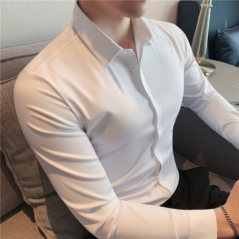 New High Elasticity Seamless Men Shirt Long Sleeve Slim Casual Shirt Solid Color Business Formal Dress Shirts Social Party Blouse