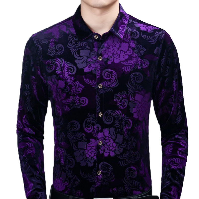 New Stylish Purple Floral Dress Shirt Men Brand New Slim Fit Velvet Velour Shirts Mens Casual Long Sleeve Button Down Chemise