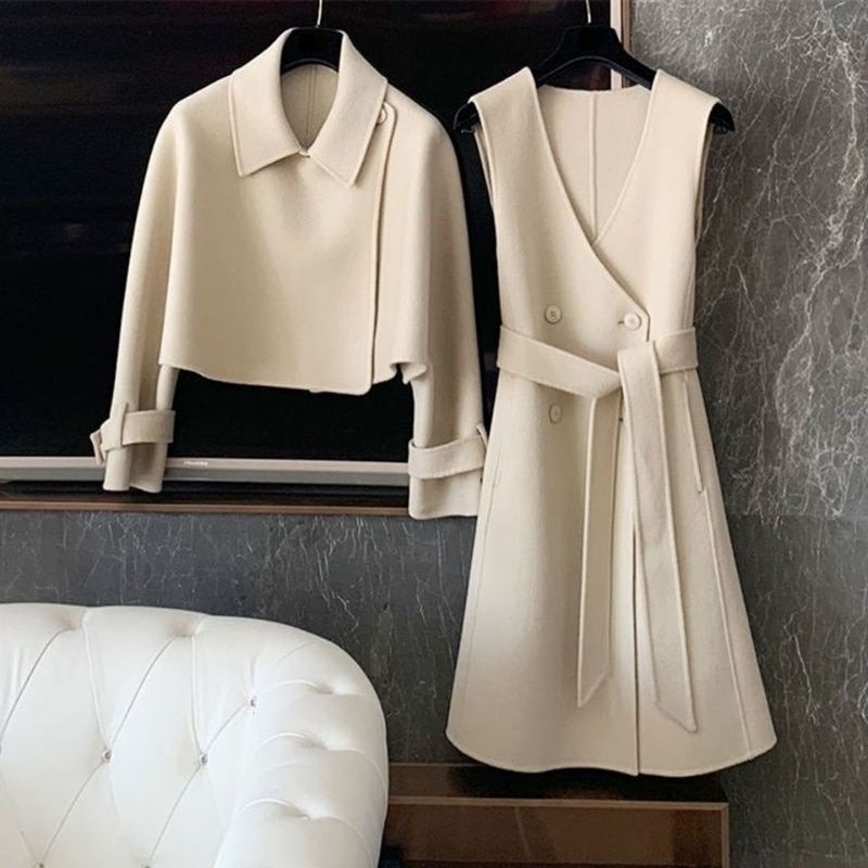 New Autumn Winter Matching Sets Turn Down Collar Jacket Crop Woolen Blends V Neck Double Breasted Tank Dress Bandage Vest Fashion