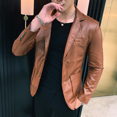 New Dress Suit Coat men jackets Business leather jackets men’s Pu Blazers new Korean style slim thin trend leather jackets