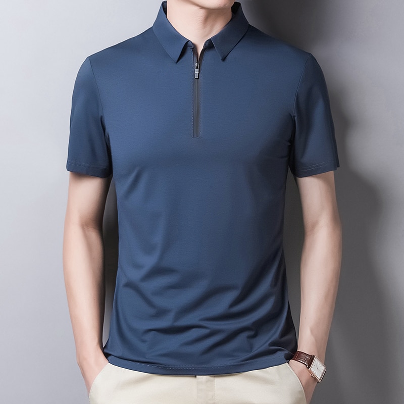 New Classic Solid Color Polo Shirt Men Silk Cotton Summer Short Sleeve Tee Shirts Homme Slim Fit Casual Zipper Camisa Polo T1014