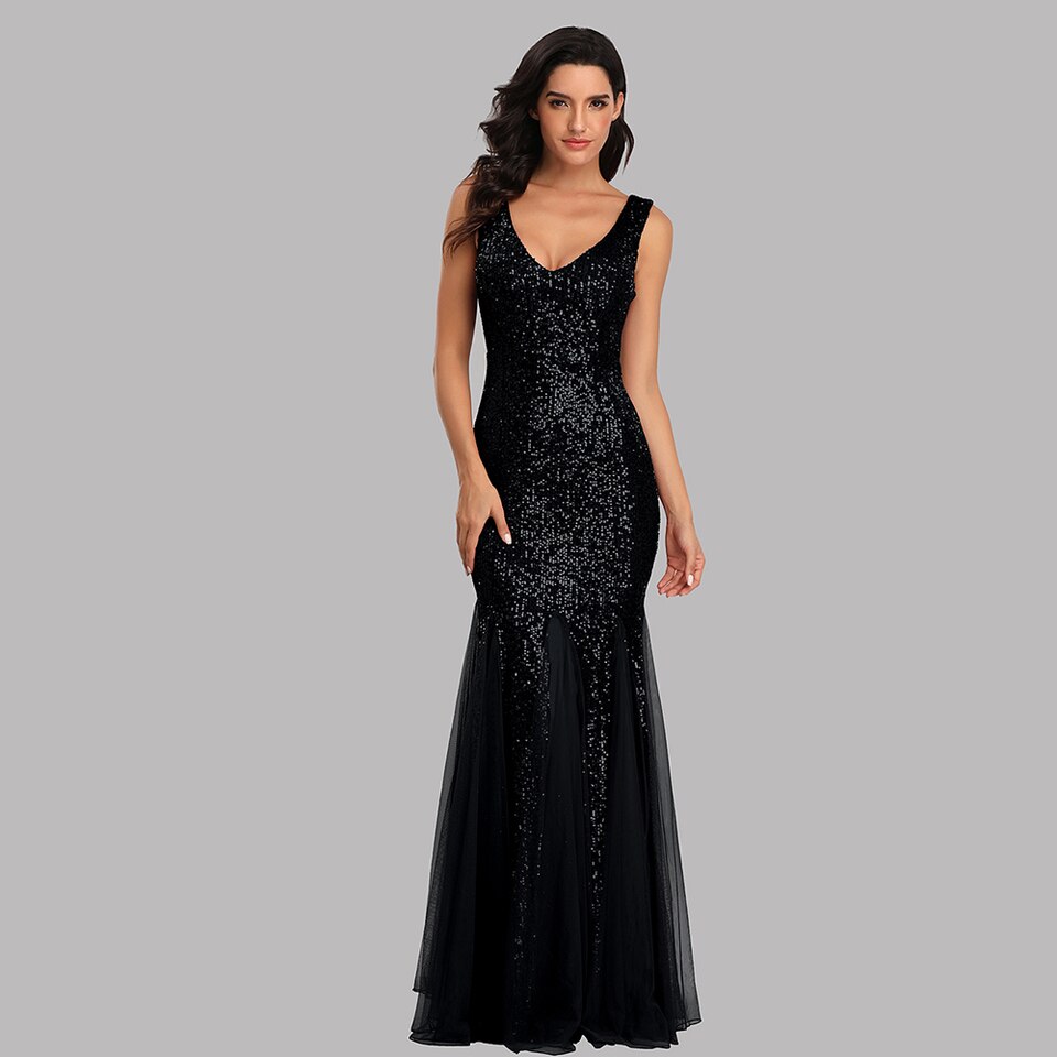 New Plus Size V Neck Mermaid Burgundy Dress Long Formal Prom Party Gown Sequins Sleeveless Evening Vestido De