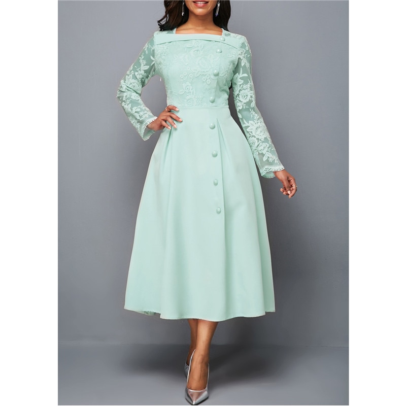 New Women Dress Elegant Long Sleeve Lace Stitching High Waist big hem mid-length Oversized Dresses For Women