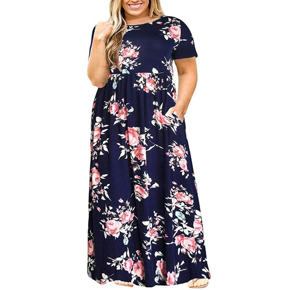 Big Size Dress Women Summer Large Size Short Sleeve pPrint Wear Resistant Long Dress Plus Size Fat Women Clothing Maxi Dress