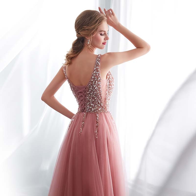 New Beading Evening Dress V Neck Pink High Split Tulle Sweep Train Sleeveless Prom Gown A-line Lace Up Backless Vestido De