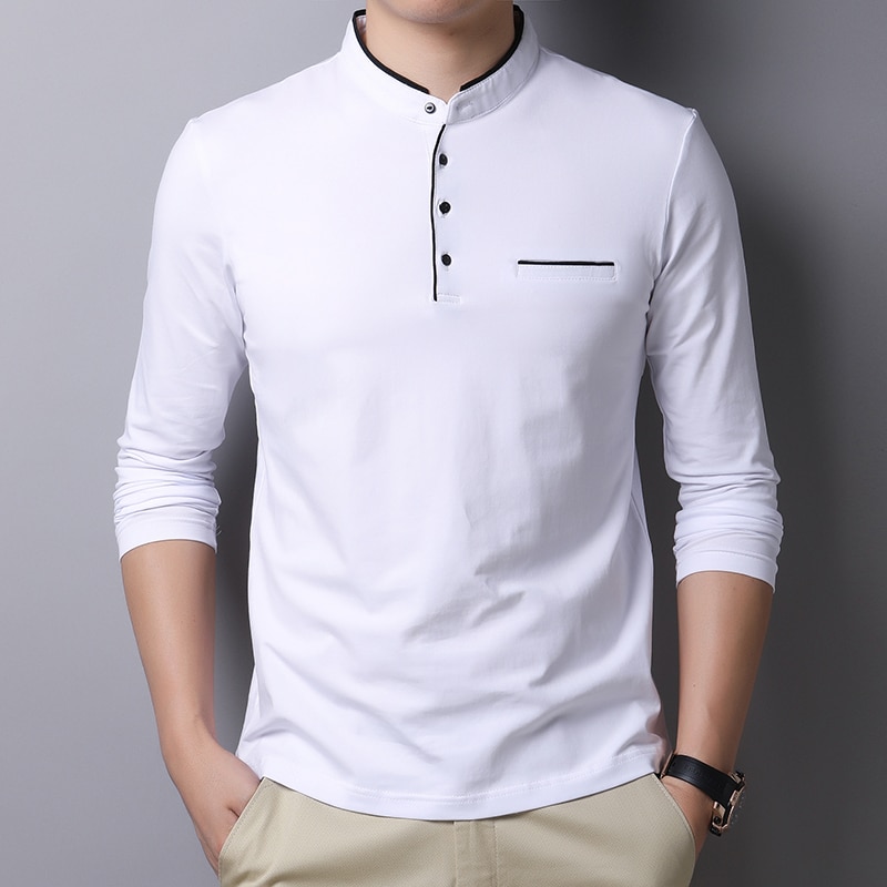 New Spring Men Polo Shirt 95% Cotton Solid Color Mandarin Collar Long Sleeve Polo Men Slim Fit Polo Homme T805