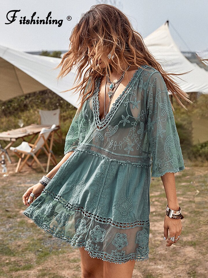 New Vintage Beach Wear Fitshinling Deep V Neck Boho Beach Outing Sheer Lace Tunic Pareo Swimwear Summer Vintage Short Dress Holiday Cover Up 2022