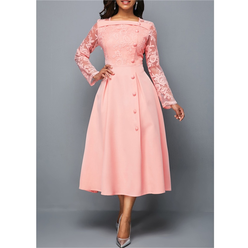 New Women Dress Elegant Long Sleeve Lace Stitching High Waist big hem mid-length Oversized Dresses For Women