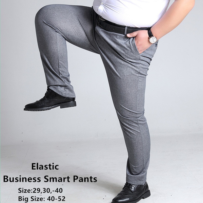 New Plus Size Men Trousers Work Pants Grey Black Dark Blue Elastic Straight Business Male Big 44 46 48 50 52 140KG Office Clothing