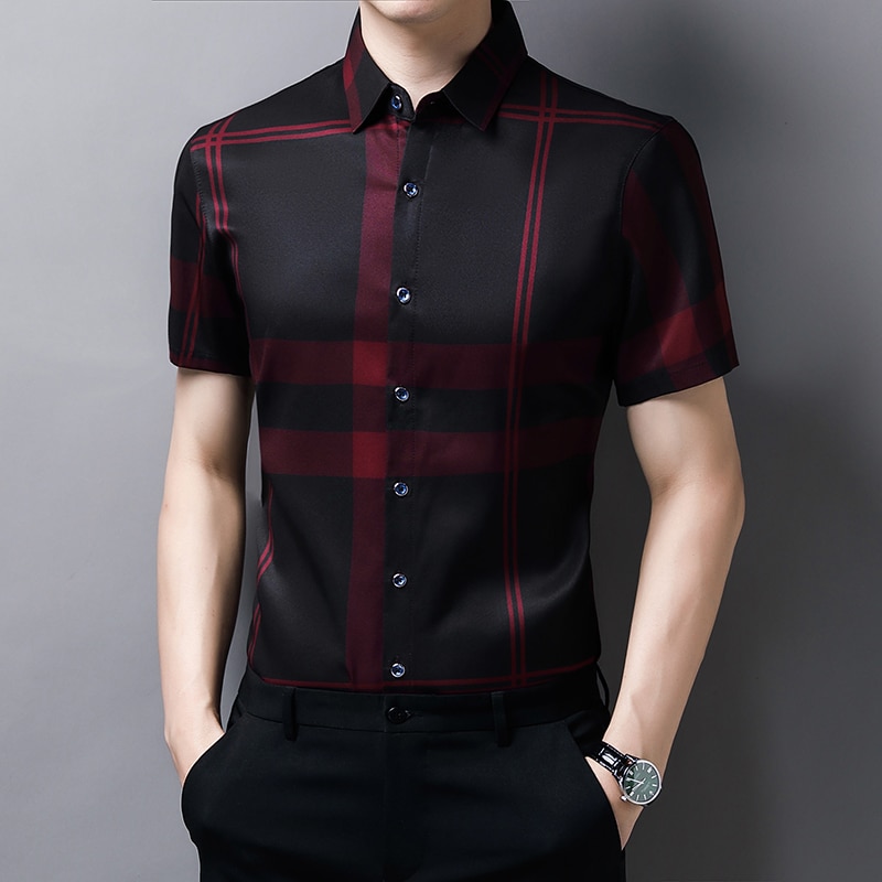 New Plaid Shirt Men High Quality Silk Summer Short sleeve Casual Shirts Men Slim Fit Camisa Masculina C748