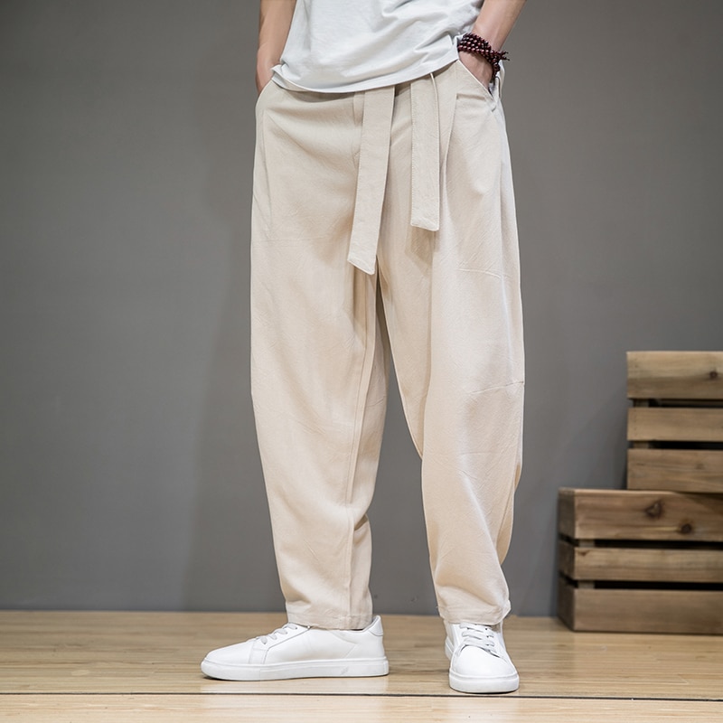 New Spring Cotton Linen Pants Men Elastic Waist Casual Harem Pant Loose Sweatpants Traditional Chinese Trousers pantalons homme