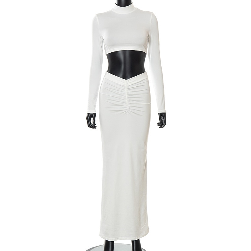 New Women Dress suit White 2 Pieces Long Sleeve High Neck Crop Top Ruched Midi Skirt Set Elegant Party Streetwear Vestidos