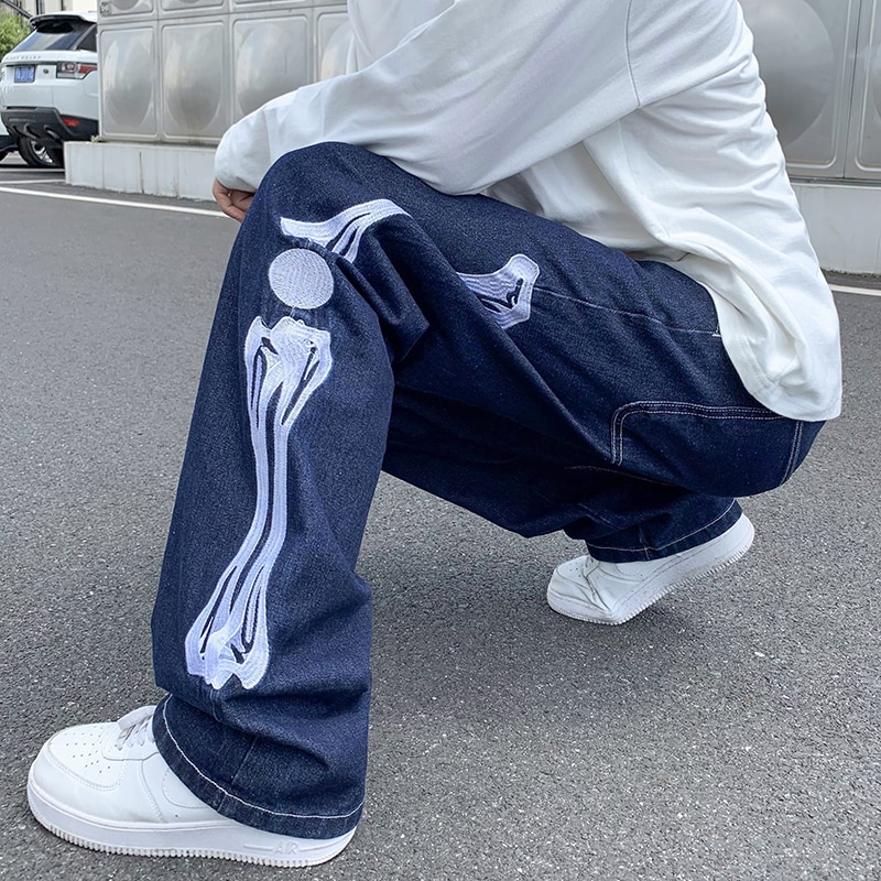 New Straight Jean Pants Man Skeleton Embroidery Mopping Trousers Mens Streetwear Denim Pants Men Clothing Jeans for Men Man Baggy