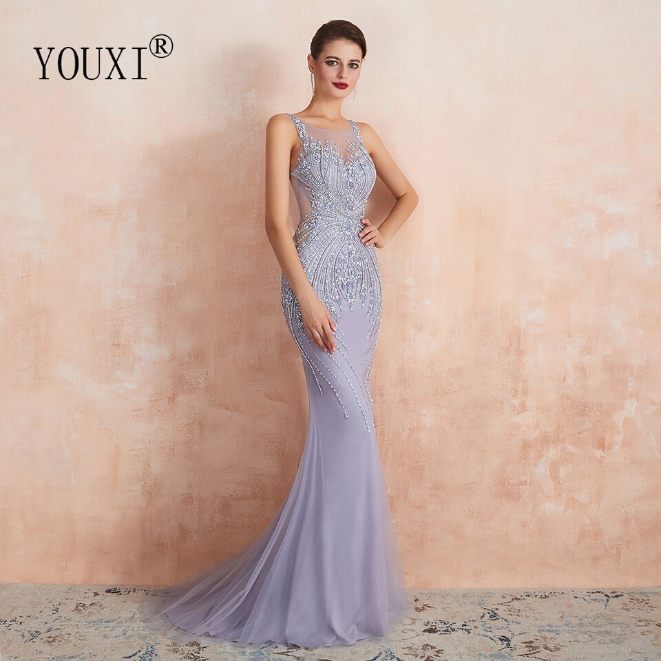 New Luxury Beaded Crystal Evening Dresses Sheer Neck Lavender Mermaid Formal Prom Gowns for Women Sleeveless