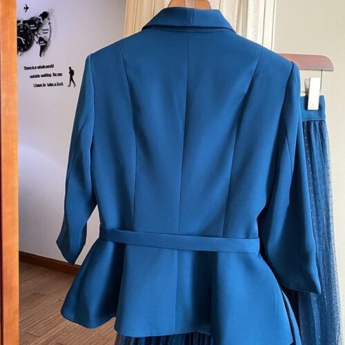 New Women Two Piece Set Long Sleeve Solid Color Single Breasted Blazer High Waist A line Skirt Dress Suit - Image 9