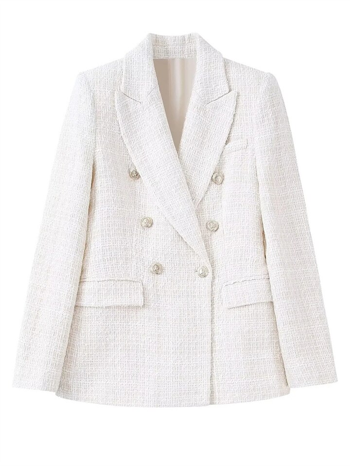New Beige Tweed Women Blazer Jacket New Office Lady Solid Color Double Breasted Button Up Coat Casual Girls Streetwear