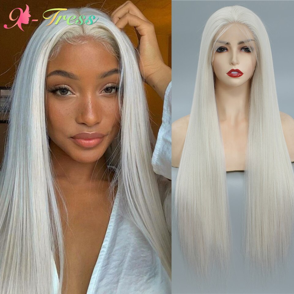 New Platinum Blonde Synthetic Lace Front Wigs For Black Women Soft Long Straight Free Part Lace Wig Heat Resistant Fiber