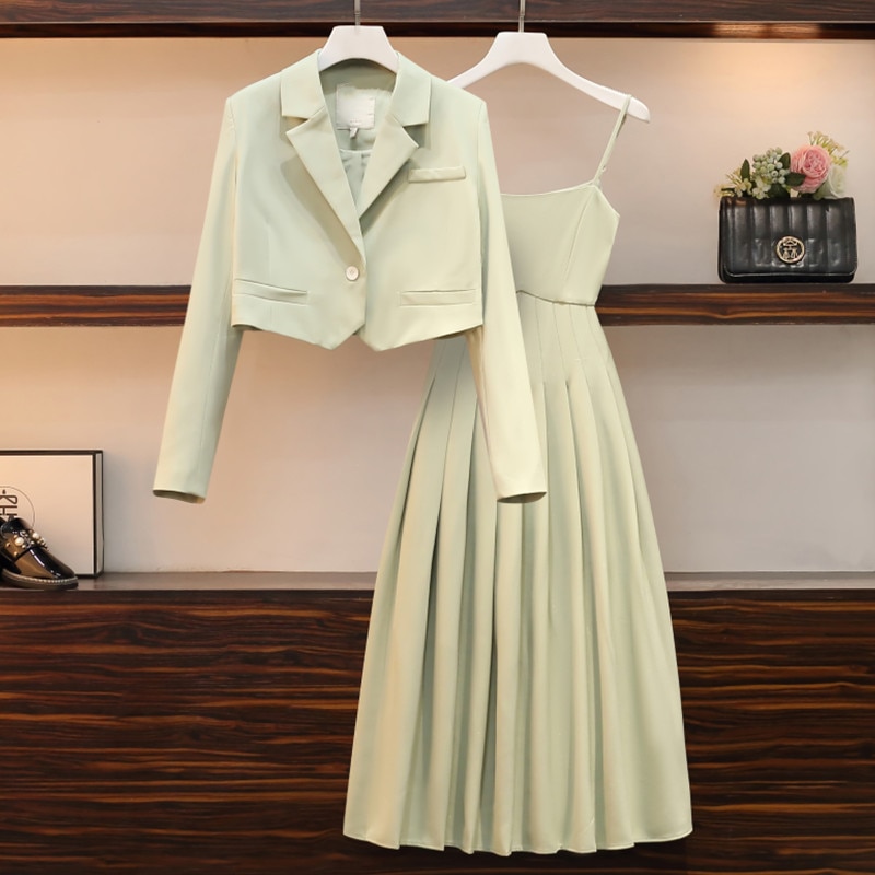 New Spring Women Summer 2 Piece Sets Lady Fashion Elegant Slim Crop Blazer Coat Pleated A line Dress 2 piece Suit Sets