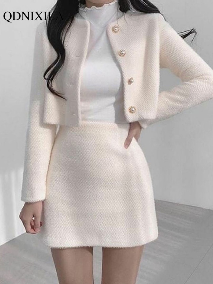 New Autumn Winter New Korean Fashion Sweet Women Suits with Mini Skirt Two-pieces Set Woman Dress Casual Elegant Tweed Suits