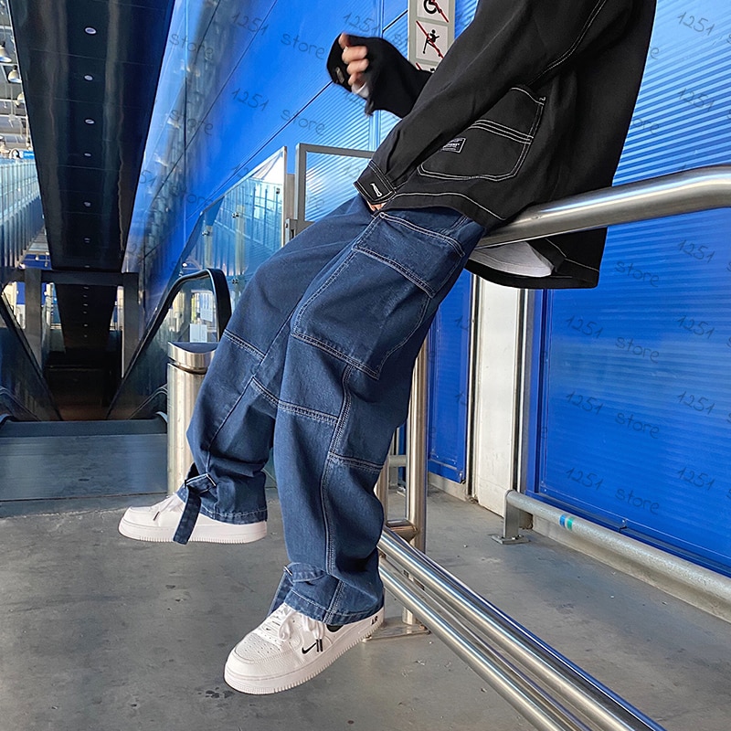 New Men Jeans Wide Leg Denim Cargo jean pants Loose Straight Baggy Men Jeans hip hop Streetwear Skateboard  Neutral denim Trousers