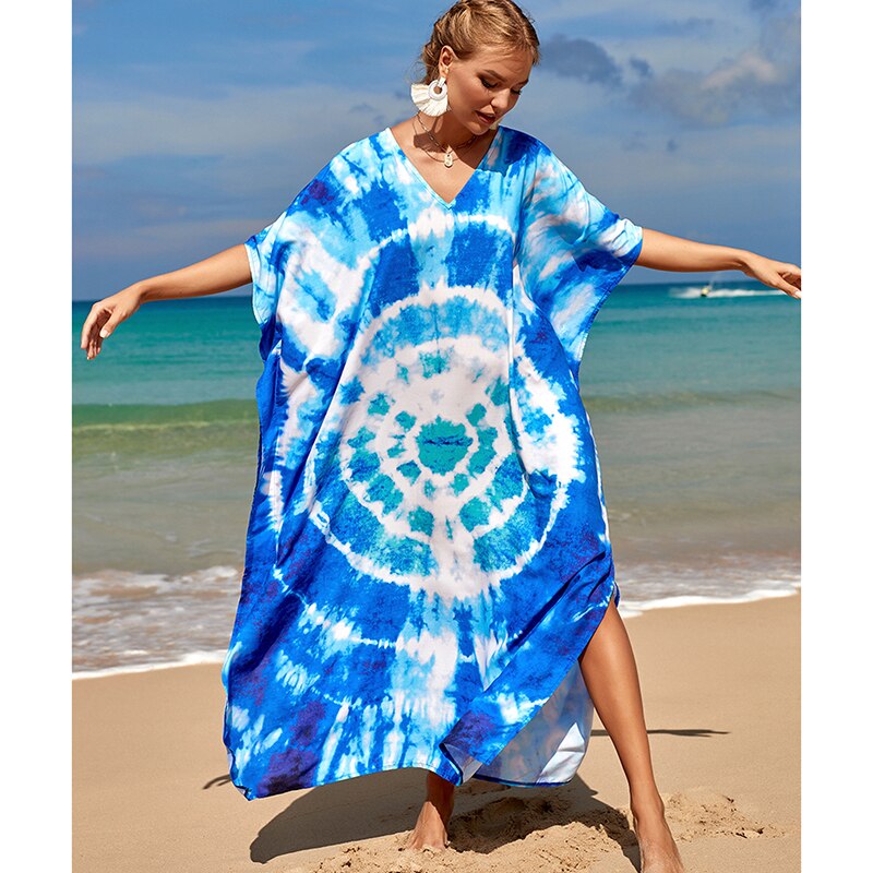 New Loose Boho Style Maxi Dress Print Face Swim Suit Cover-up Bohemian Dress Robe Plage Kaftan Maxi Dress Beach Wear Tunics