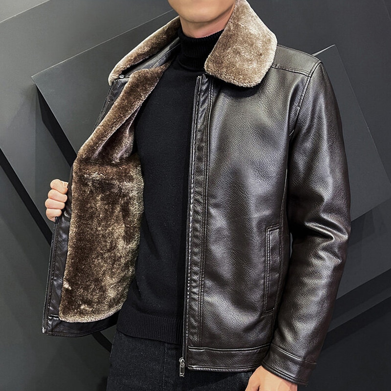 New Men Winter Brand Leather Jacket PU Leather Jackets Mens High Quality Zipper Fur Collar Clothing Winter Plush Top Leather Jackets