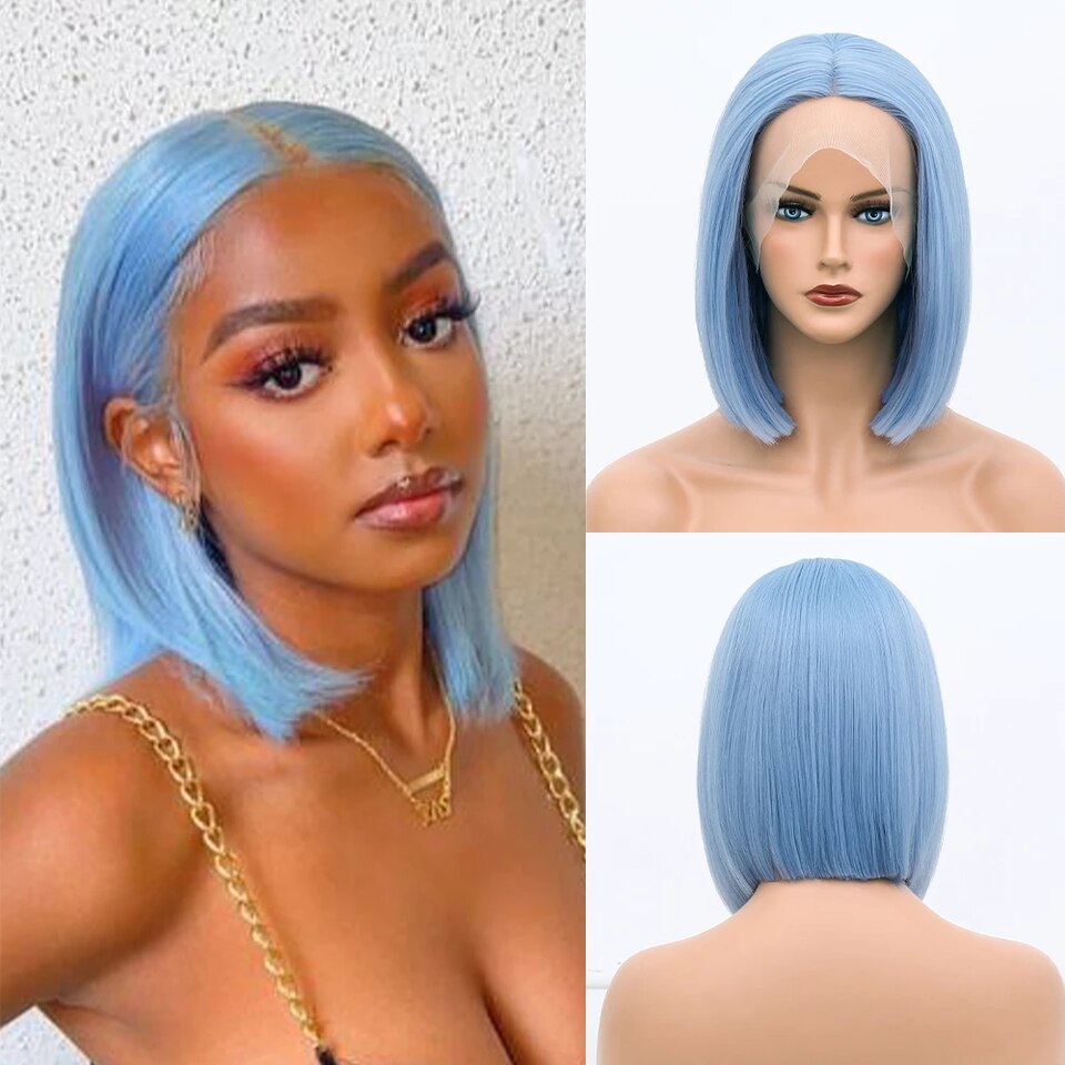 New Blue Short Straight Bob Lace Front Wig Synthetic Wigs For Black Women Blonde Pink Orang Cosplay Lolita Natural Lace Frontal Hair