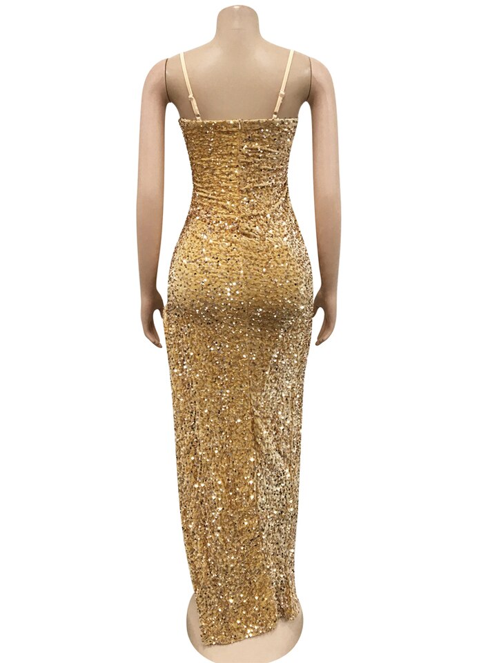 Gold Sequined High Split Maxi Dress Women Summer Strap Mesh Patchwork Bodycon Clubwear Long Dress