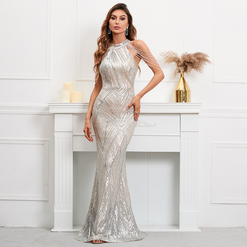 New Elegant Off Shoulder Silver Sequin Evening Dress Women New Party Maxi Dress Long Prom Dress 18126