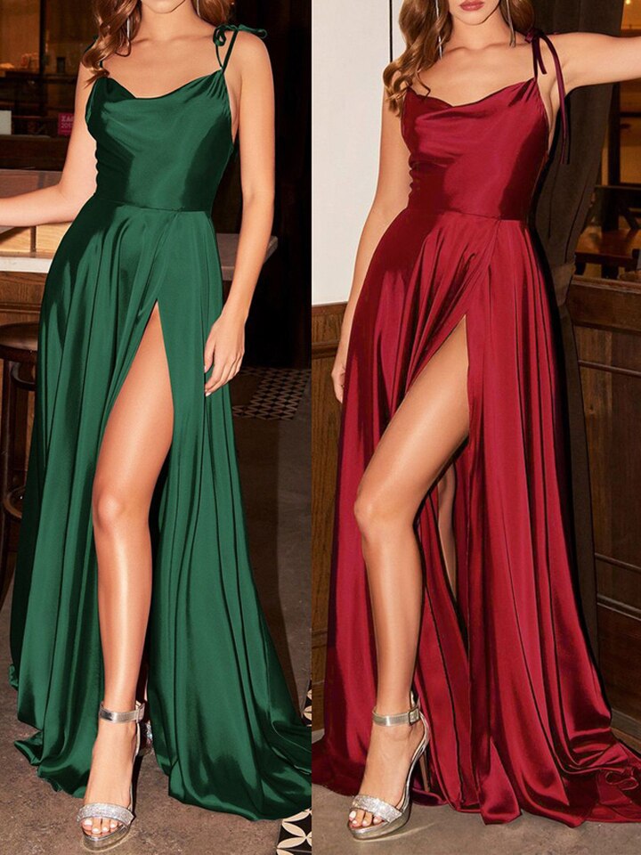 Shiny Satin Long Floor Length Party Dress Tie Up Straps Split Sleeveless Evening Prom Dress Mint Green Red