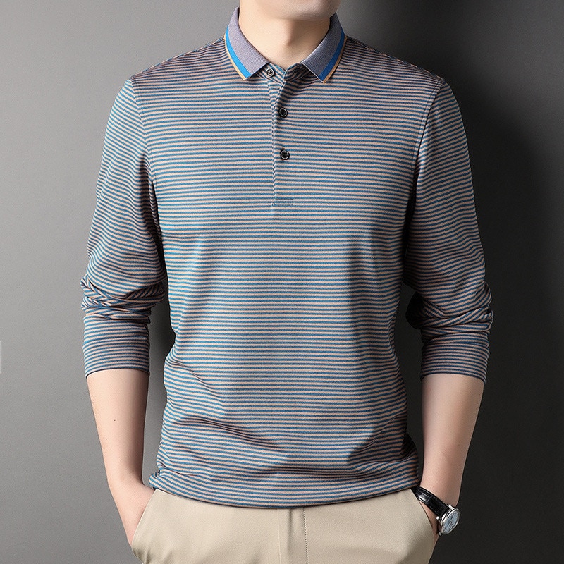 New Cotton Polo Shirt for Men Long Sleeve Striped Autumn and Spring Casual Male Polo Shirt Korean Style Clothing Tops