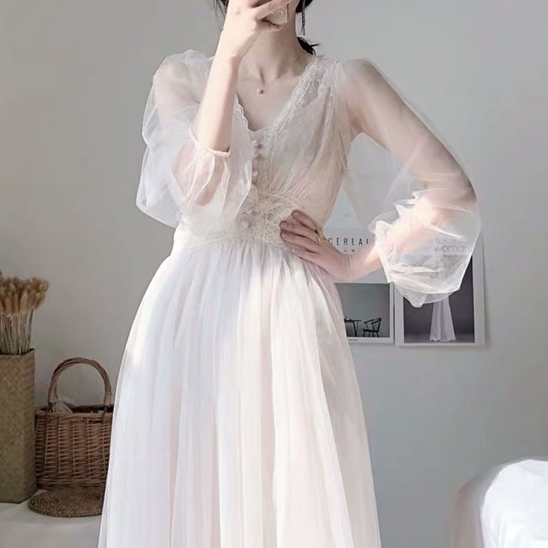 New Women Spring Wedding Midi Dresses Elegant A-Line Vestidos Solid Puff Sleeve V-Neck Ladies Lace Dress Mesh 8126 50