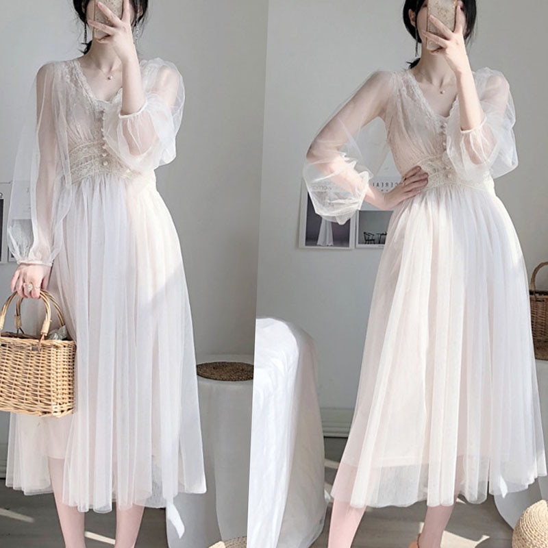 New Women Spring Wedding Midi Dresses Elegant A-Line Vestidos Solid Puff Sleeve V-Neck Ladies Lace Dress Mesh 8126 50