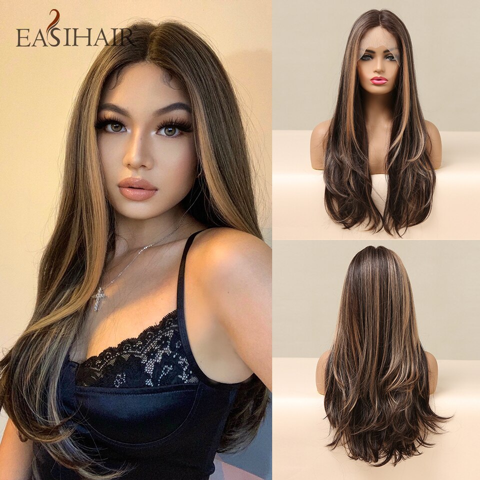 New Long Brown Lace Front Synthetic Natural Hair Wigs Blonde Highlight Lace Frontal Wig for Women Cosplay Wigs High Density