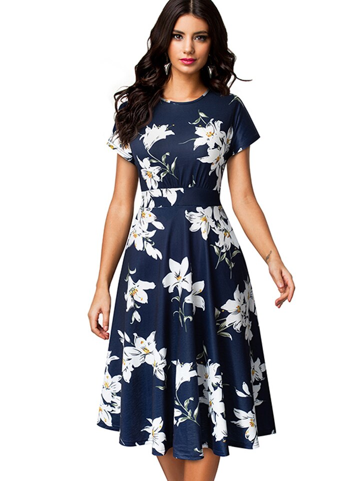 New Vintage Elegant Floral Print Pleated Round neck vestidos A-Line Pinup Business Party Women Flare Swing Dress A102