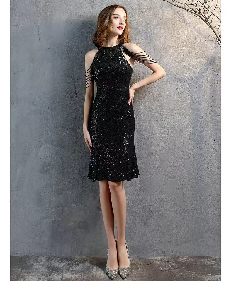 Elegant Chain Sequin Slim Dress Summer Women Fashion Hollow Out Off Shoulder Skinny Club Dresses Ladies Sleeveless Party Dress