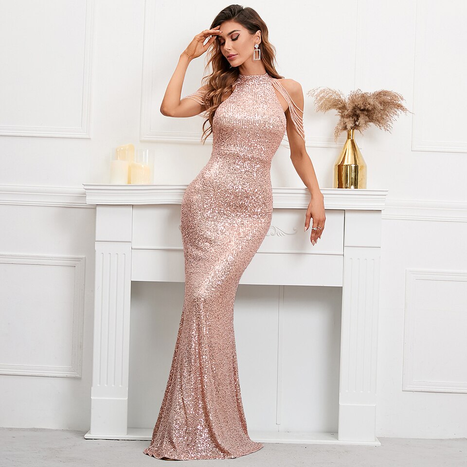 New Elegant Off Shoulder Beading Sequin Evening Dress Women Gold Party Bodycon Maxi Dress Long Prom Dress 18098