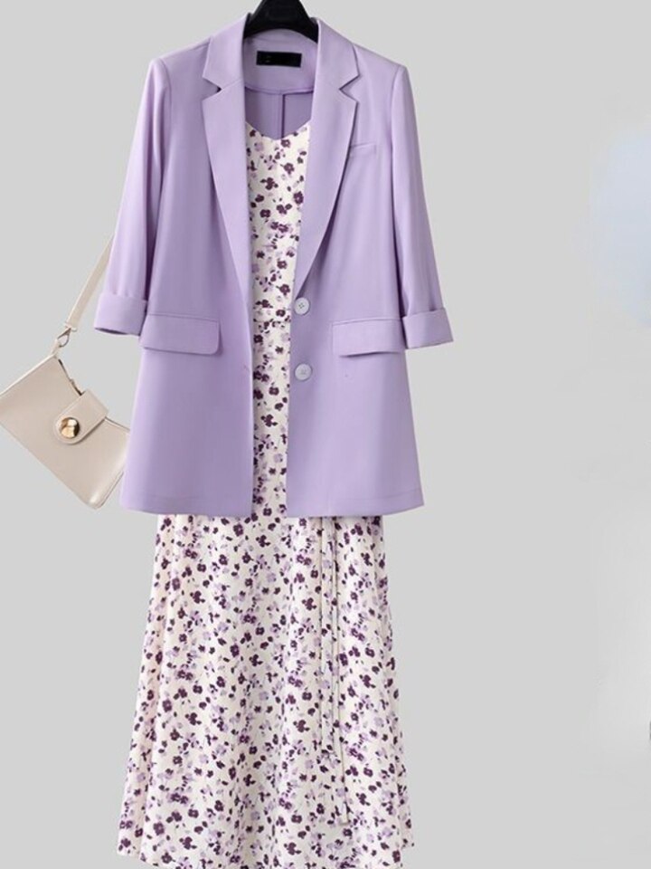 New Summer Suit Ladies Oversize Loose Suit Jacket Chiffon Floral Sling Dress Ladies Elegant 2 Piece Office Dress Women Suit