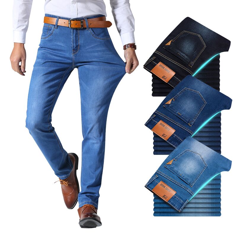 New Classic Style Men Brand Jeans Business Casual Stretch Slim Denim Pants Light Blue Black Trousers Male