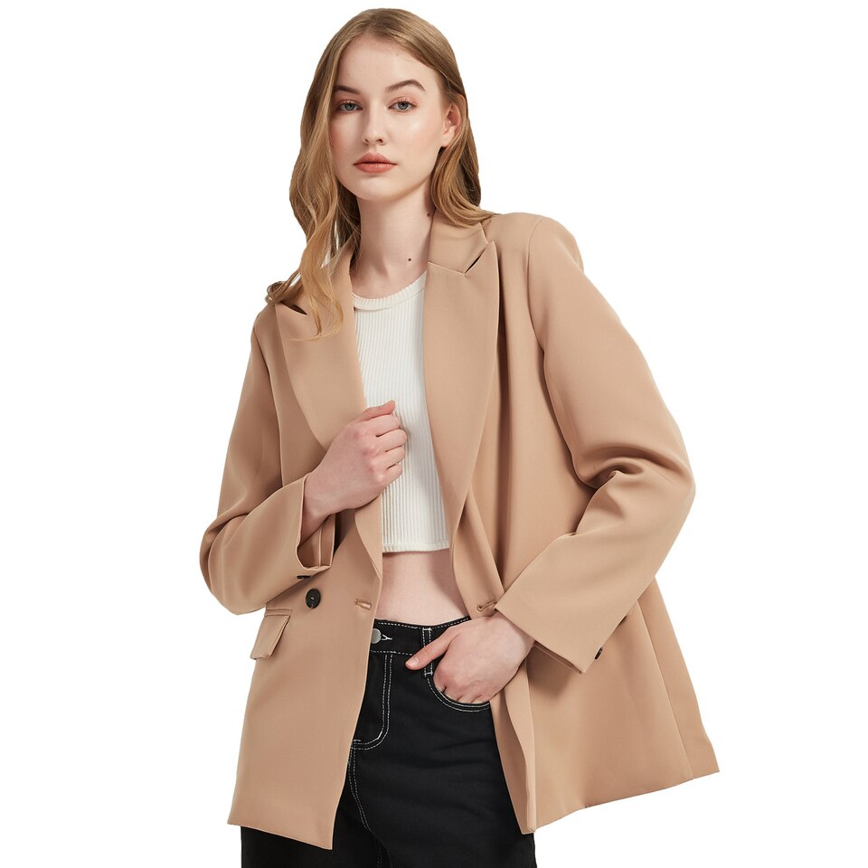 New Autumn And Spring Women Blazer Jacket Casual Solid Colour Double Breasted Pocket Decorative Coat