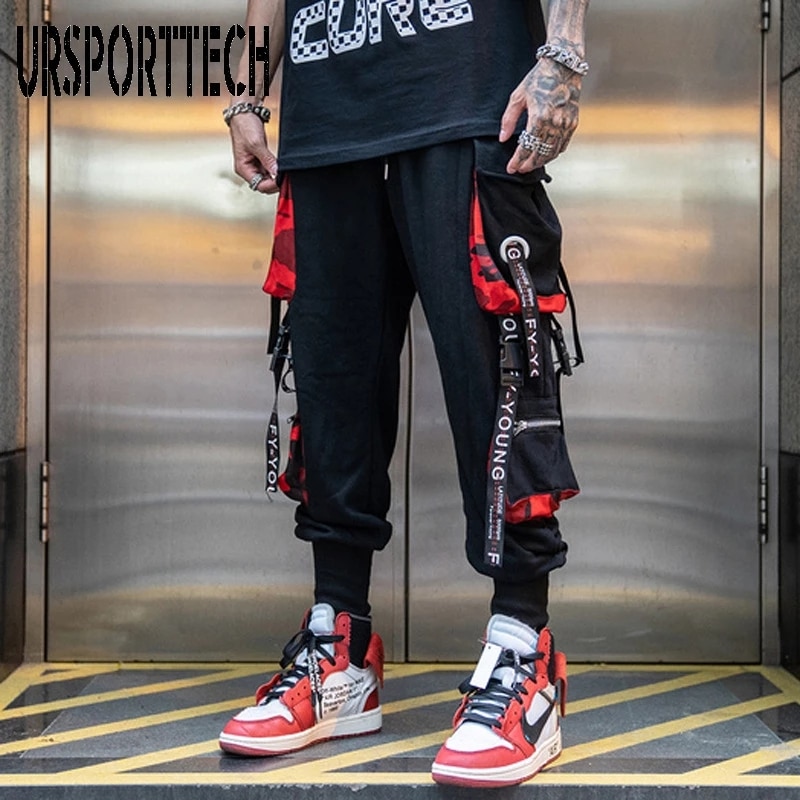 New Hip Hop Joggers Men Letter Ribbons Cargo Pants Pockets Track Tactical Casual Techwear Male Trousers Sweatpants Sport Streetwear