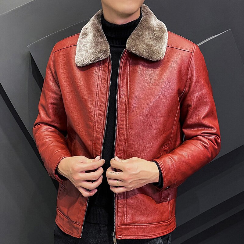 New Men Winter Brand Leather Jacket PU Leather Jackets Mens High Quality Zipper Fur Collar Clothing Winter Plush Top Leather Jackets
