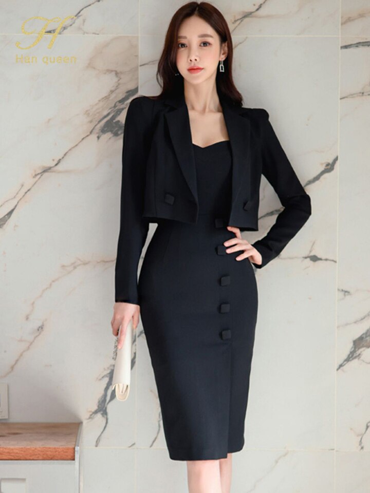 New Summer Vestidos Korean 2 Pieces Suit Coat And Suspenders Fashion Professional Dress Women Sheath Pencil Dresses