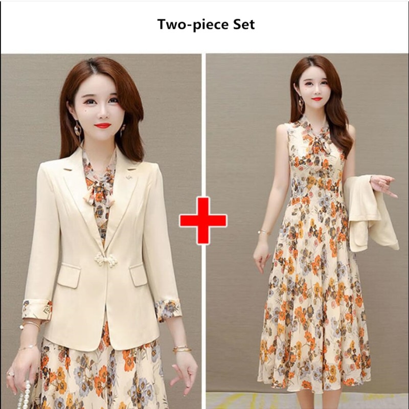 New Spring Autumn New Suit Jacket Dress Two-piece Women’s Elegant Blazers Floral Long Skirt Set Female Office Professional Wear