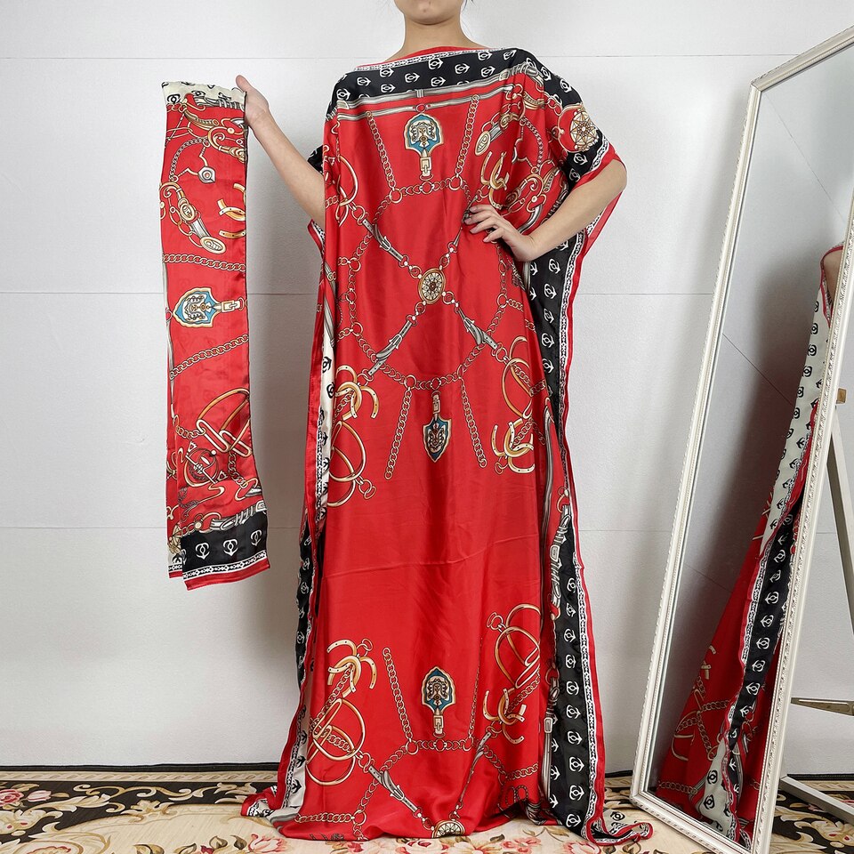 New Fashion Classic African Clothing Dashiki Robe Silk Fabric Women 2 Piece Printed Loose Dress MS222