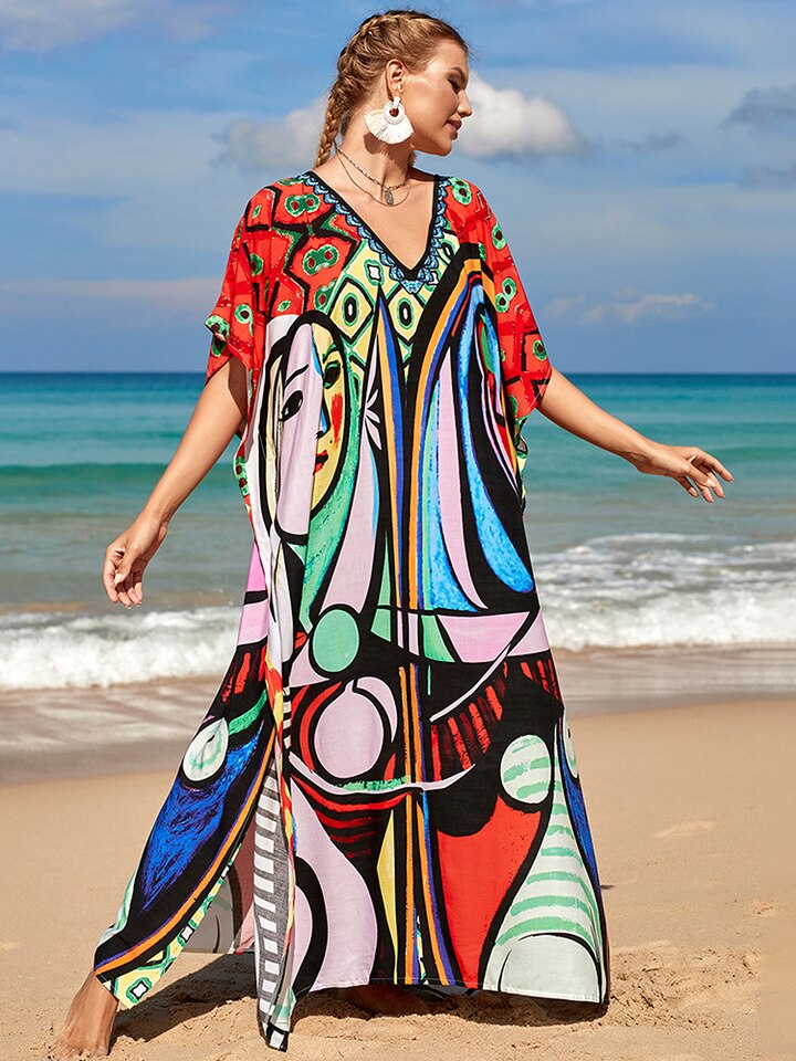 New Loose Boho Style Maxi Dress Print Face Swim Suit Cover-up Bohemian Dress Robe Plage Kaftan Maxi Dress Beach Wear Tunics