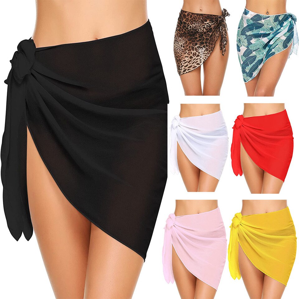 New Women Short Sarongs Swimsuit Coverups Beach Bikini Wrap Sheer Short Skirt Chiffon Scarf Cover Ups for Swimwear