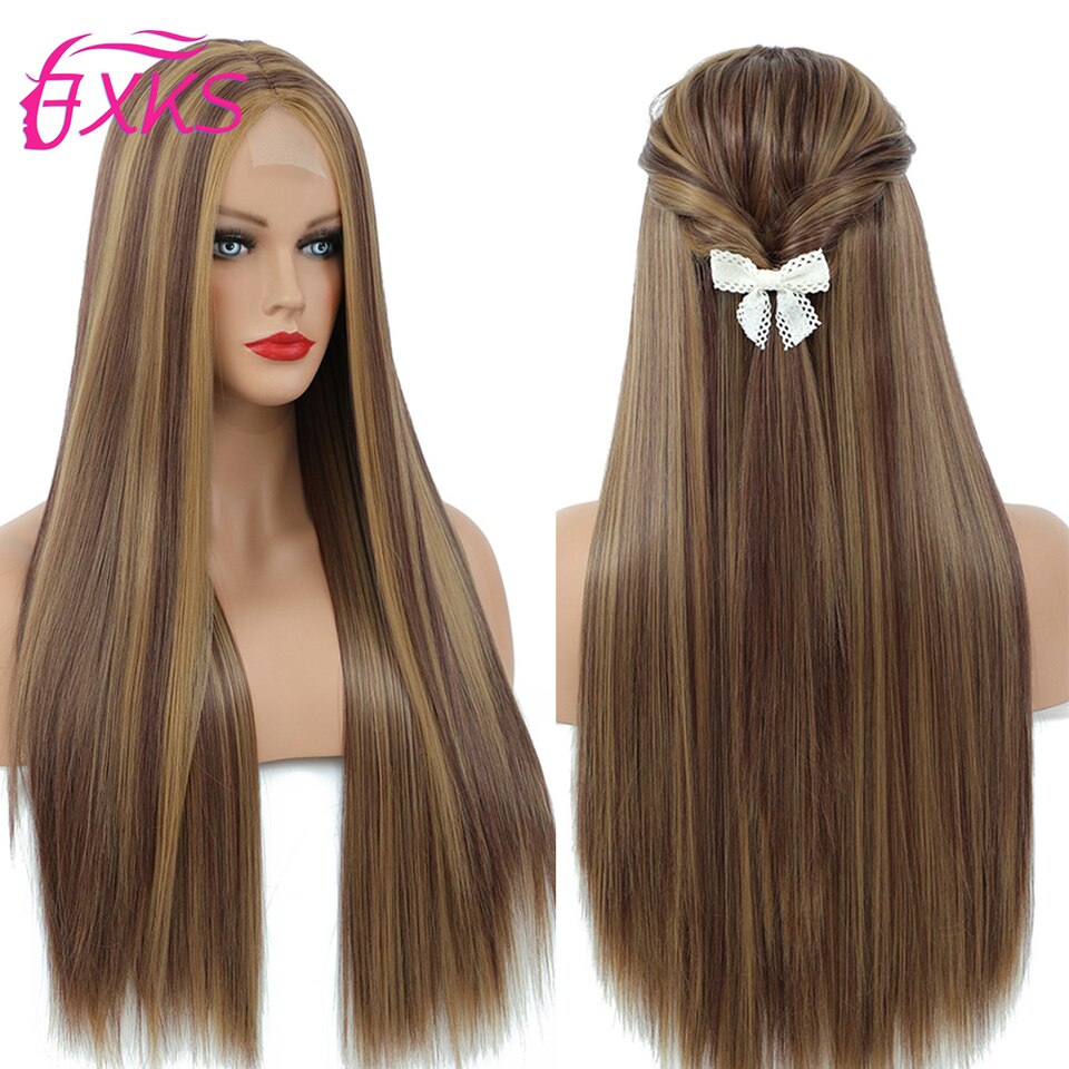 New Brown Highlight Long Straight Synthetic Lace Wigs 99J Grey Blonde Colour Lace Wigs Wavy Hair Lace Wigs For Women 26Inch FXKS