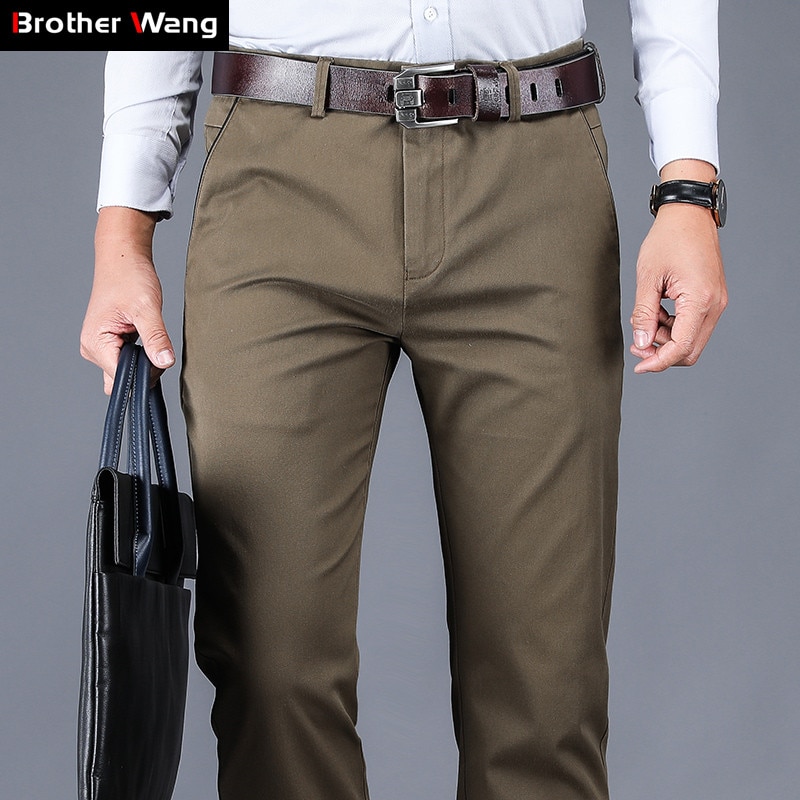 New Casual Pants Men Classic Style Straight Loose High Waist Elastic Trousers Male Brand Clothes 4 Colours 98% Cotton