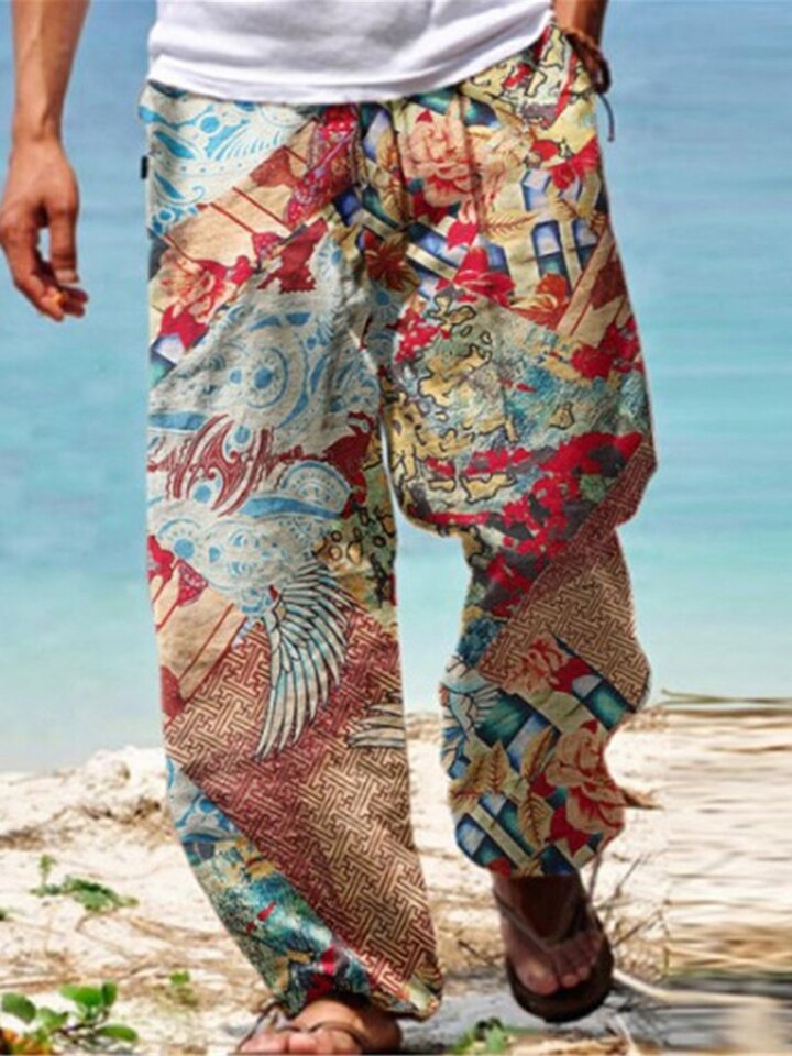 New Summer Men Baggy Pants Casual Printed Design Wide Leg Trousers Retro Vintage Beach Hawaiian Plus Size Loose Pants Man Streetwear